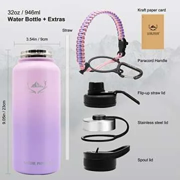 NATURE PIONEOR Insulated Water Bottles with Paracord Handle - 32 oz Vacuum Sports Wide Mouth Water Bottle with 3 Lids, Leak Proof Stainless Steel Keeps Hot and Cold