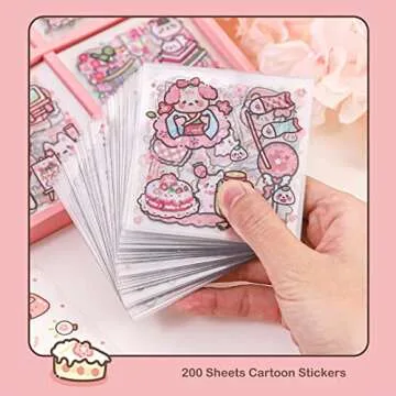 Doraking Waterproof Vinyl Transparent Flower Stickers, Kawaii Stickers for Notebook Laptop Scrapbook Journaling, 200 Sheets Cartoon Cute Stickers Boxed Gifts for Kids Teens Girls Boys