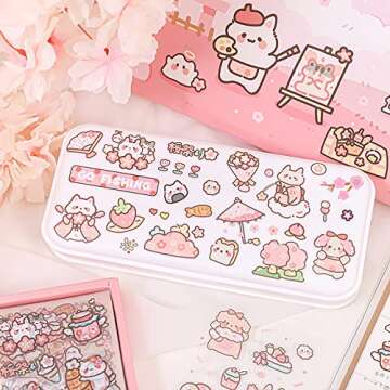Doraking Waterproof Vinyl Transparent Flower Stickers, Kawaii Stickers for Notebook Laptop Scrapbook Journaling, 200 Sheets Cartoon Cute Stickers Boxed Gifts for Kids Teens Girls Boys