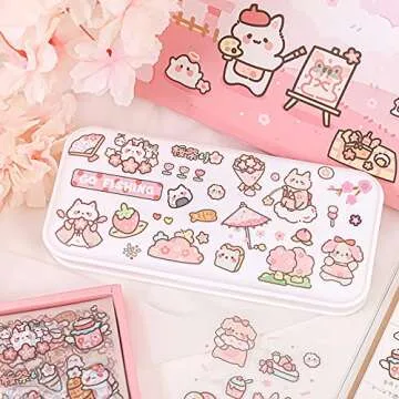 Doraking Waterproof Vinyl Transparent Flower Stickers, Kawaii Stickers for Notebook Laptop Scrapbook Journaling, 200 Sheets Cartoon Cute Stickers Boxed Gifts for Kids Teens Girls Boys