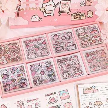 Doraking Waterproof Vinyl Transparent Flower Stickers, Kawaii Stickers for Notebook Laptop Scrapbook Journaling, 200 Sheets Cartoon Cute Stickers Boxed Gifts for Kids Teens Girls Boys