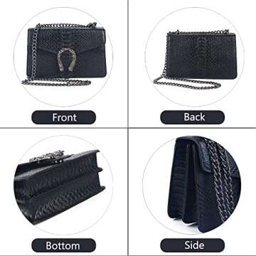 Leather Shoulder Bag Chain Purse for Women - Fashion Crossbody Bags Vintage Snake Print Underarm Bag Square Satchel Clutch Handbag（Black）