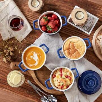 Lareina Mini Cocotte - 12oz Ceramic Casserole Dishes - Kitchen Casserole Sets With Handles And Lid - Small Baking Ramekins - Oven, Microwave & Dishwasher Safe - Set of 4 - Blue
