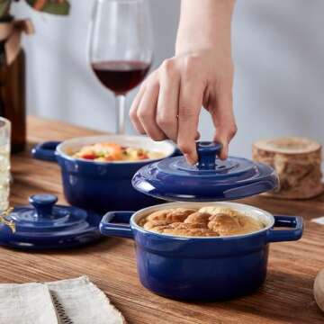 Lareina Mini Cocotte - 12oz Ceramic Casserole Dishes - Kitchen Casserole Sets With Handles And Lid - Small Baking Ramekins - Oven, Microwave & Dishwasher Safe - Set of 4 - Blue