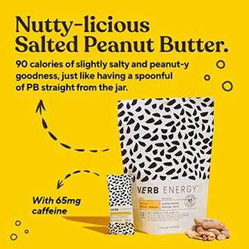 Verb Salted Peanut Butter Caffeinated Energy Bars - 90-Calorie Low Sugar Energy Bar - Delicious Nutrition Bars - Vegan Snacks - Gluten Free Breakfast Bars with Organic Green Tea, 22g (Pack of 12)
