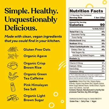 Verb Salted Peanut Butter Caffeinated Energy Bars - 90-Calorie Low Sugar Energy Bar - Delicious Nutrition Bars - Vegan Snacks - Gluten Free Breakfast Bars with Organic Green Tea, 22g (Pack of 12)