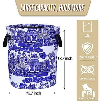 Blue White Porcelain Laundry Basket Chinoiserie Foldable Oxford Cloth Funny Tote Bag Laundry Hamper ...