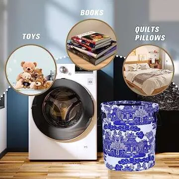 Blue White Porcelain Laundry Basket Chinoiserie Foldable Oxford Cloth Funny Tote Bag Laundry Hamper Clothes Storage Bucket Organizer For Bathroom/Laundry Storage/Bedroom17.7x13.7 Inch