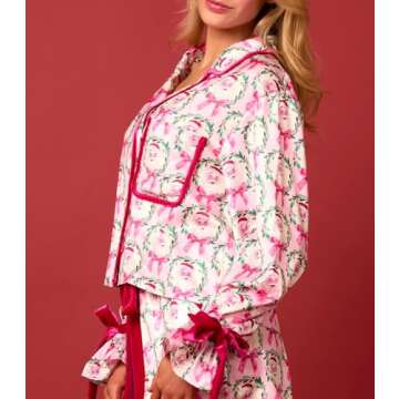 Argeousgor Christmas Pajamas for Women Bow Tie Long Sleeve Shirt Pants Satin Silk Funny Graphic 2 Piece Pjs Set Sleepwear Pink