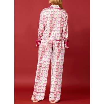 Argeousgor Christmas Pajamas for Women Bow Tie Long Sleeve Shirt Pants Satin Silk Funny Graphic 2 Piece Pjs Set Sleepwear Pink