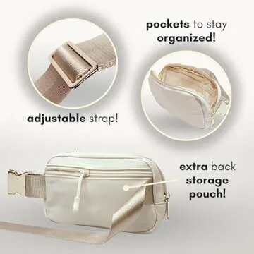 Boutique Belt Bag | Crossbody Fanny Pack for Women Fashionable Cute Mini Everywhere Bum Hip Waist Small Fashion Travel Chest Gold Accessories Adjustable Extended Strap Cream