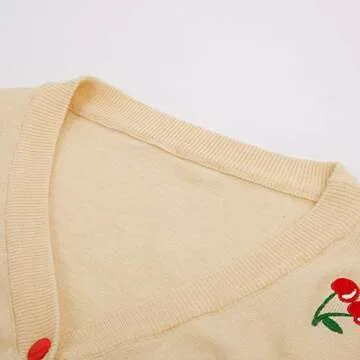 Belle Poque Women's 3/4 Sleeve V-Neck Button Down Cherries Embroidery Cropped Cardigan Sweater Coat Apricot S