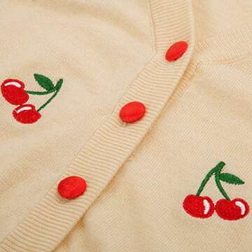 Belle Poque Women's 3/4 Sleeve V-Neck Button Down Cherries Embroidery Cropped Cardigan Sweater Coat Apricot S