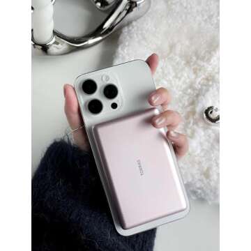 TORRAS MiniMag Power Bank, Ultra Slim 5,000mAh Wireless Portable Charger with USB-C Cable, Fast Charging Magnetic Battery Pack, Magsafe-Compatible for iPhone 16/15/14/13/12, Azalea Pink