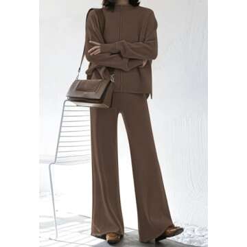 Viottiset Women's 2 Piece Outfits Lounge Sweater Set High Neck Wide Leg Pants Casual Sweatsuit Loungewear Dark Coffee M