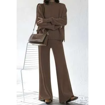 Viottiset Women's 2 Piece Outfits Lounge Sweater Set High Neck Wide Leg Pants Casual Sweatsuit Loungewear Dark Coffee M