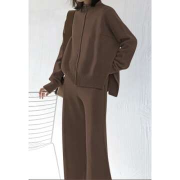 Viottiset Women's 2 Piece Outfits Lounge Sweater Set High Neck Wide Leg Pants Casual Sweatsuit Loungewear Dark Coffee M