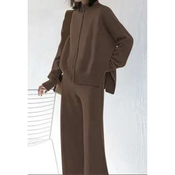Viottiset Women's 2 Piece Outfits Lounge Sweater Set High Neck Wide Leg Pants Casual Sweatsuit Loungewear Dark Coffee M