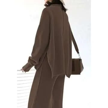 Viottiset Women's 2 Piece Outfits Lounge Sweater Set High Neck Wide Leg Pants Casual Sweatsuit Loungewear Dark Coffee M