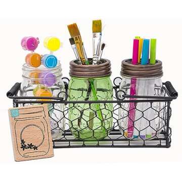 Mason Jar Lifestyle Caddy for 3 Pint Mason Jars in Chicken Wire with Wire Wrapped Handles