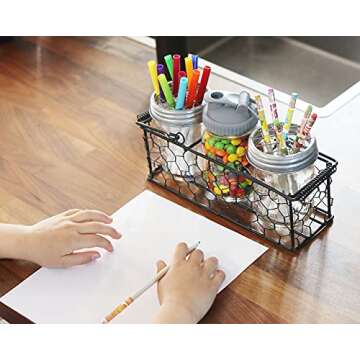 Mason Jar Lifestyle Caddy for 3 Pint Mason Jars in Chicken Wire with Wire Wrapped Handles