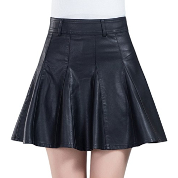 Chouyatou Women's Casual Side Zipper Flare Pleated Faux Leather Skirt