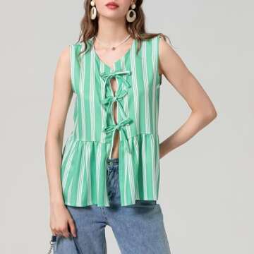 Women Y2k Tie Front Tops Sleeveless Ruffle Hem Bow Tie Babydoll Tank Tops Summer Peplum Top Blouse