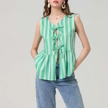 Women Y2k Tie Front Tops Sleeveless Ruffle Hem Bow Tie Babydoll Tank Tops Summer Peplum Top Blouse