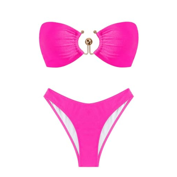 ZAFUL Women's Glittery Bandeau High Cut Cheeky Bikini Set - Stylish Swimwear in Rose Red