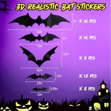 Halloween Decorations Indoor Bat Stickers Decor 60 Pcs Realistic Spooky 3D Bat Wall Stickers for Hal...