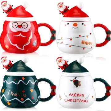 Yaomiao 4 Pcs Christmas Mugs with Santa Hat Lid and Spoon 16 oz Ceramic Cute Christmas Coffee Mug Fe...