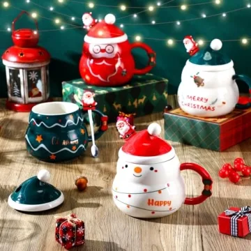 Charming Christmas Mugs Set with Lids and Spoons
