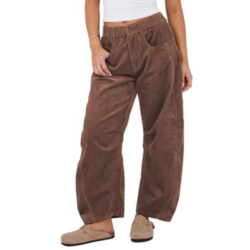 SeekMe Women's Corduroy Pants Barrel Mid-Rise Elastic Waist Cord Pants Casual Wide Leg Baggy Trouser...
