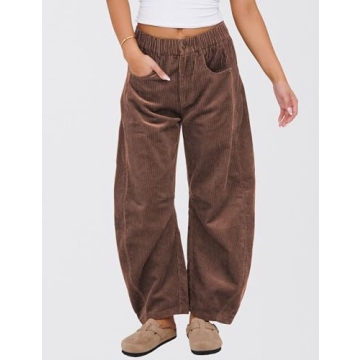 SeekMe Women's Corduroy Pants Barrel Mid-Rise Elastic Waist Cord Pants Casual Wide Leg Baggy Trouser with Pockets(0005-Brown-S)