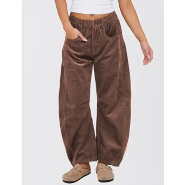 SeekMe Women's Corduroy Pants Barrel Mid-Rise Elastic Waist Cord Pants Casual Wide Leg Baggy Trouser with Pockets(0005-Brown-S)