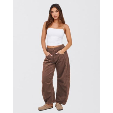 SeekMe Women's Corduroy Pants Barrel Mid-Rise Elastic Waist Cord Pants Casual Wide Leg Baggy Trouser with Pockets(0005-Brown-S)