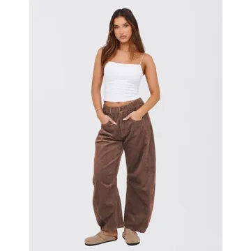 SeekMe Women's Corduroy Pants Barrel Mid-Rise Elastic Waist Cord Pants Casual Wide Leg Baggy Trouser with Pockets(0005-Brown-S)
