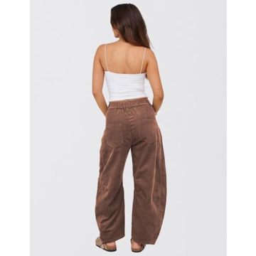 SeekMe Women's Corduroy Pants Barrel Mid-Rise Elastic Waist Cord Pants Casual Wide Leg Baggy Trouser with Pockets(0005-Brown-S)