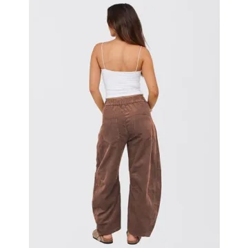 SeekMe Women's Corduroy Pants Barrel Mid-Rise Elastic Waist Cord Pants Casual Wide Leg Baggy Trouser with Pockets(0005-Brown-S)