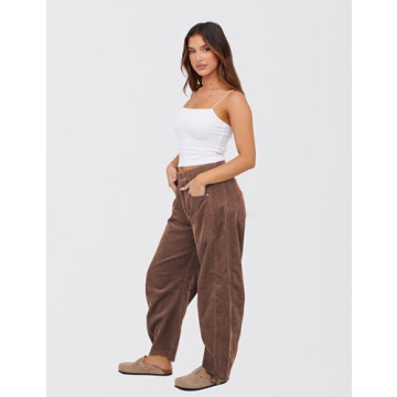 SeekMe Women's Corduroy Pants Barrel Mid-Rise Elastic Waist Cord Pants Casual Wide Leg Baggy Trouser with Pockets(0005-Brown-S)