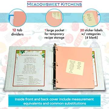 Meadowsweet Kitchens Fabric-covered Recipe Binder with Dividers and Labels - Recipe Book Binder, for Recipe Cards, Full Size Recipes, Recipe Clippings, Make Your Own Cookbook - Vintage Flowers