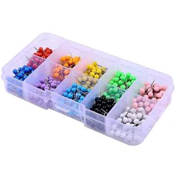 600 PCS Multi-Color Push Pins Map Tacks,1/8 inch Round Head with Stainless Point, 10 Assorted Colors (Each Color 60 PCS) in reconfigurable Container for Bulletin Board, Fabric Marking
