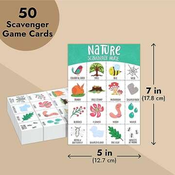 Juvale 50 Pack Nature Scavenger Hunt Cards for Kids Ages 4-8, Outdoor Find and Seek Camping Game