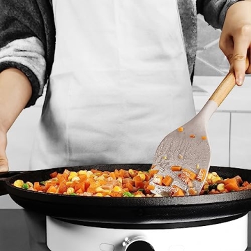 Silicone Cooking Utensils Set - 446°F Heat Resistant Silicone Kitchen Utensils for Cooking,Kitchen Utensil Spatula Set w Wooden Handles and Holder, BPA FREE Gadgets for Non-Stick Cookware (Khaki)