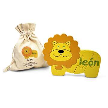 The Wordy Safari English-Spanish Double-Sided 6 Piece Wood Bilingual Puzzle Set for Toddlers - Early Childhood Education Montessori Language and Fine Motor Skills Toy.