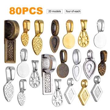 80pcs Glue on Bails Mixed Pendant Bails Glass Cabochon Tiles Pendants for Jewelry Making Necklace,20 Styles