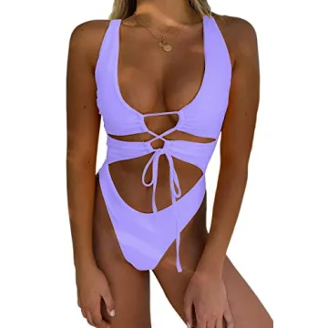 CHYRII Women's Sexy Cutout Lace Up Backless High Cut One Piece Bathing Suit Monokini Lavender S