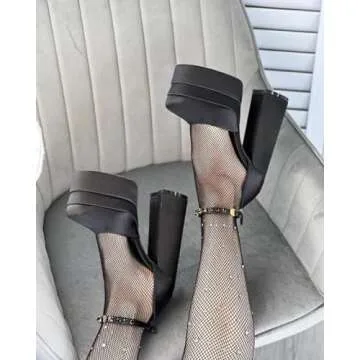 THESHY Womens Platform Chunky High Block Heels Ankle Strap Buckles Wedge Dress Pumps Fashion Shoes for Women Black