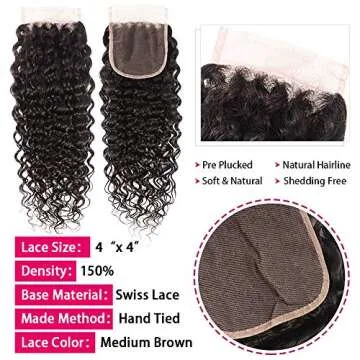 10A Water Wave Bundles with Closure (16 18 20 +14) Wet and Wavy Brazilian Virgin Human Hair 3 Bundles with 4x4 Lace Closure with Baby Hair Free Part 1B# Curly Wave Human Hair Extensions
