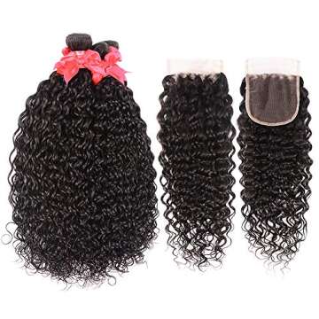 10A Water Wave Bundles with Closure (16 18 20 +14) Wet and Wavy Brazilian Virgin Human Hair 3 Bundles with 4x4 Lace Closure with Baby Hair Free Part 1B# Curly Wave Human Hair Extensions